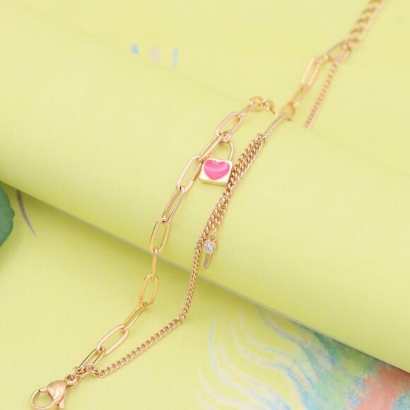 "Dual Layer Rose Gold Bracelet with Heart Lock & Key Charms, XPBL1157 - Picture 4 of 12
